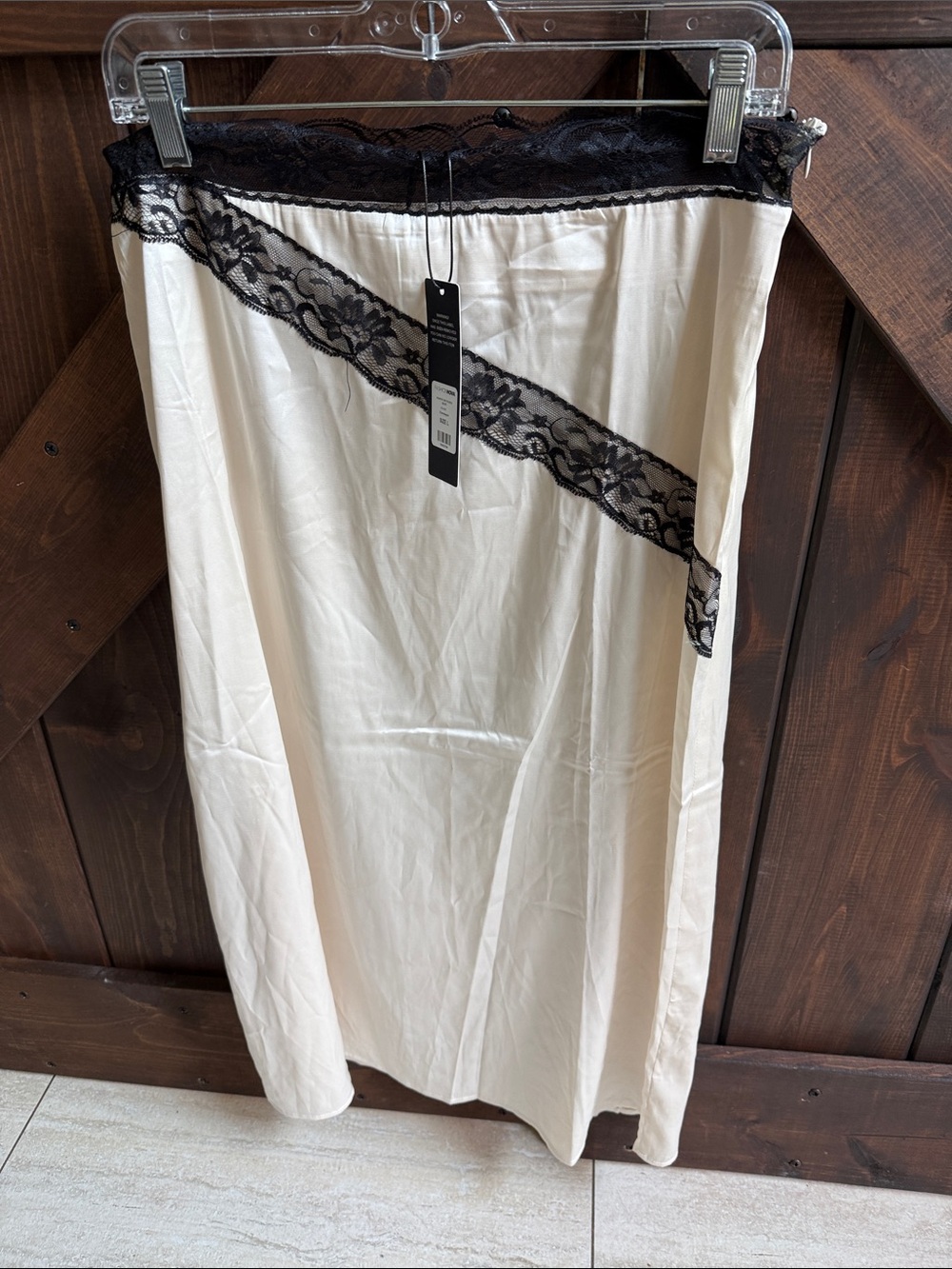 Fashion Nova Cream Slip Skirt with Black Lace Trim